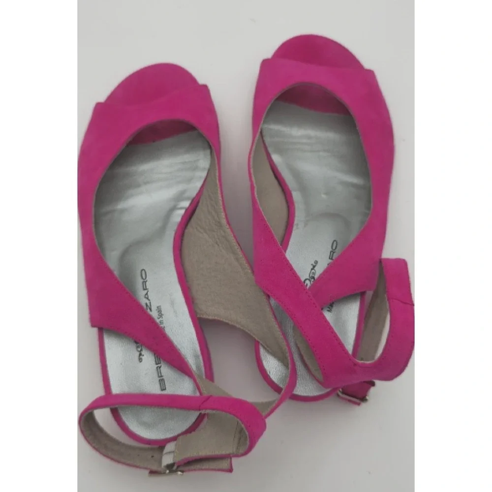 Brenda Zaro Women's Pink 37 Open Toe Block Heel Sandals Ankle Strap Suede Silver